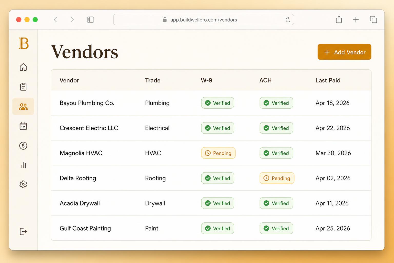 Vendor management dashboard tracking W-9 verification, ACH status, and last paid date